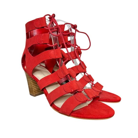 Marc Fisher Red Leather "Paradox" Lace-Up Caged Heeled Sandals, 3" Heel, Size 8M - Picture 1 of 10